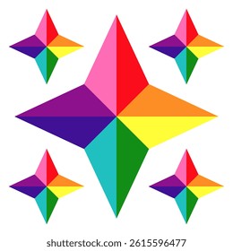 This abstract vector celebrates LGBTQ+ Pride and diversity, featuring five multicolored diamond-shaped stars radiating positivity and unity.