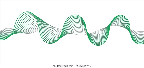 This abstract vector illustration features a series of flowing green and gray lines, creating a dynamic wave pattern. The minimalist design and soft color palette evoke a sense of calm and modern.