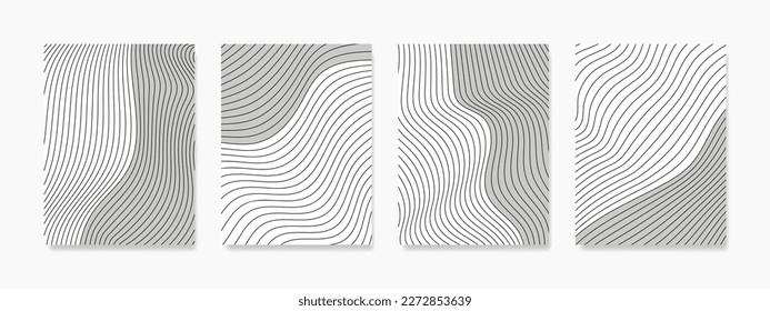 This abstract wall art features a geometric line pattern in a wavy shape with a half-closed shadow. Created as a vector linear illustration, perfect for, wallpapers, posters, and room decorations.