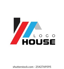 This is an abstract wordmark logo of a roof of a house in red and blue color 
