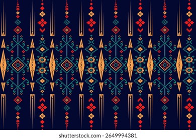 This is an adapted Thai fabric pattern. Geometric and floral motifs in orange-red, teal, and yellow on a dark blue background, reflecting the intricate beauty of Thai folk art.