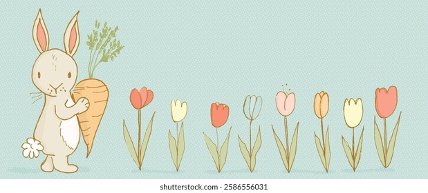 This adorable banner features tulips and a hand-drawn bunny holding a giant carrot with space to add your own text.