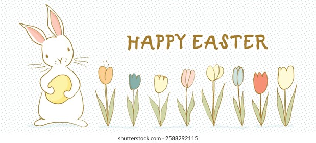 This adorable banner features tulips and a hand-drawn bunny holding a giant yellow dyed egg with Happy Easter lettering.