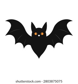 This adorable cartoon bat graphic features a simple flat design with striking orange eyes set against a clean white background. Perfect for autumn seasonal decorations or spooky holiday projects this cute nocturnal mammal illustration adds charm and fun.