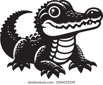 This adorable cartoon crocodile illustration features a playful, friendly design in black and white, perfect for children's products, prints, and designs.