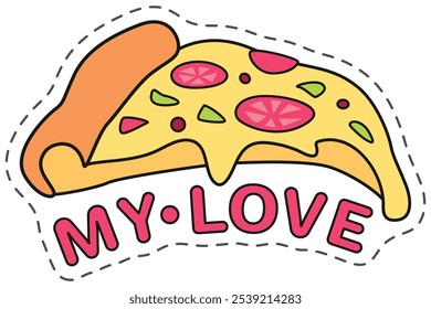 This adorable cartoon drawing features a single slice of pizza with melting cheese and the sweet words my love written underneath. Perfect for adding a touch of fun and romance to your designs.