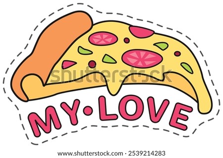 This adorable cartoon drawing features a single slice of pizza with melting cheese and the sweet words my love written underneath. Perfect for adding a touch of fun and romance to your designs.
