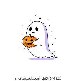 This adorable cartoon ghost character holds a playful pumpkin, capturing the spirit of Halloween festivities. Perfect for seasonal decorations or joyful illustrations.