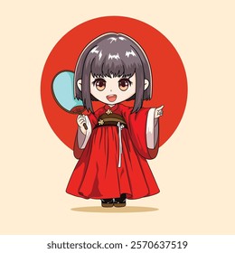 This adorable cartoon illustration features a chibi-style girl dressed in a vibrant red traditional outfit inspired by Asian cultural attire. She holds a fan in one hand while joyfully smiling and poi