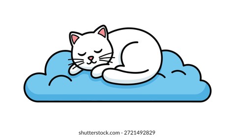 Esta ilustración de dibujos animados adorable presenta un gato blanco dulce durmiendo pacíficamente en una nube azul suave. Con los ojos cerrados y una expresión serena, el felino emana tranquilidad y relajación.
