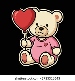 This adorable cartoon illustration features a cream-colored teddy bear sitting upright and holding a vibrant red heart-shaped balloon. The bear wears a simple pink t-shirt with a small heart detail on the chest. The illustration is designed with bold outlines and flat colors, giving it a playful and cute aesthetic. Set against a solid black background, the bright colors of the bear and balloon create a strong visual contrast. This image evokes feelings of love, sweetness, and affection, making it suitable for themes like Valentine's Day, children's designs, or greeting cards.