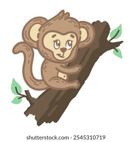 Este macaco de desenho animado adorável está subindo em um galho de árvore e parece feliz e brincalhão. A imagem é perfeita para livros infantis, ilustrações e cartazes