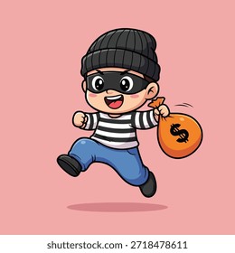 Este adorable ladrón de dibujos animados, vestido con un gorro negro, máscara de ojos y camisa de rayas, corre alegremente mientras agarra una bolsa de dinero.