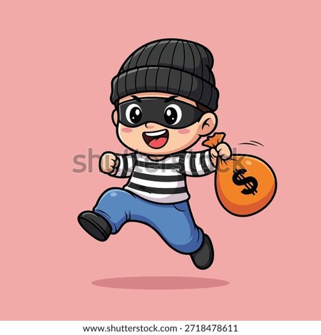 This adorable cartoon thief, dressed in a black beanie, eye mask, and striped shirt, is joyfully running while clutching a money bag.