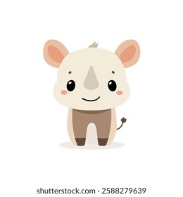 This adorable cartoon-style illustration features a baby rhinoceros with a large head, big black eyes, a small horn on its nose, and blush marks on its cheeks. The ears are large with pink insides.