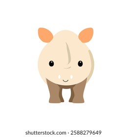 This adorable cartoon-style illustration features a baby rhinoceros with a round body, large black eyes, a small curved mouth, and two small white tusks. The rhinoceros has orange ears and brown legs.