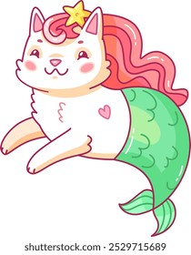 Esta adorable sirena de gato presenta una expresión juguetona, una melena rosa y una cola verde que fluye agregando encanto a un entorno submarino vibrante repleto de imaginación.