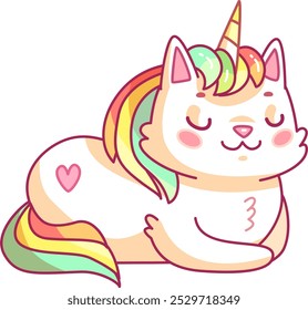 This adorable creature blends features of a cat and a unicorn sporting a vibrant rainbow mane and pastel colors. It looks joyful and content while relaxing appealing to cat lovers and unicorn fans.