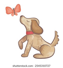 This adorable digital illustration features a cute puppy dog sitting with a butterfly above its head. The dog is a warm brown color with a red collar