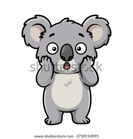 This adorable digital illustration portrays a cute grey koala cartoon character frozen in a state of absolute shock and surprise with its tiny paws pressed against its cheeks and a wide-eyed expression of disbelief on its face. The artistic style features clean black outlines and a soft color palette of light grey, charcoal, and pale pink, creating a friendly and expressive mascot suitable for various creative projects, social media stickers, emojis, or children's educational materials. The koala's large round eyes and open mouth convey a sense of genuine wonder and comic panic, making it an engaging visual element for any design focused on animal emotions, unexpected news, or humorous reactions. This high-quality vector-style artwork captures the charming essence of the native wildlife through a stylized lens, emphasizing the character's round ears, fluffy head, and iconic black nose, all set against a clean and minimalist white background to ensure maximum versatility for graphic designers and content creators who need a versatile and funny animal emoji for their digital storytelling and branding needs. Every detail of the koala's anatomy, from the subtle fur tufts on the head to the small toes on its feet, has been carefully rendered to provide a polished and professional aesthetic that stands out in search results and appeals to a wide range of buyers looking for expressive character art that balances simplicity with deep emotional resonance and visual clarity. This illustration is perfect for conveying themes of amazement, accidental discoveries, and sudden realizations in a lighthearted and universally understandable way that transcends language barriers through the power of cute and relatable animal imagery and character-driven design principles.