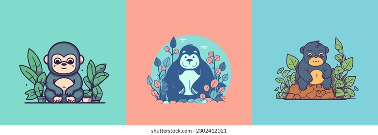 This adorable gorilla cartoon illustration is the perfect addition to any animal themed project. With its cute kawaii style, it's sure to bring a smile to anyone face