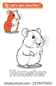 This adorable hamster coloring page is perfect for kids, bold outlines easy to color, includes a colored example and  the word "Hamster" in a dotted font for a fun and educational touch.