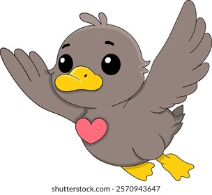 This adorable illustration features a cheerful baby bird in flight, holding a bright pink heart, symbolizing love and affection.