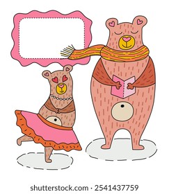 This adorable illustration features a couple of bears, one in a pink tutu and the other with a book, showcasing their love with hearts and a cute speech bubble for your message