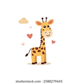 This adorable illustration features a cute, cartoon-style giraffe standing on a light brown patch of ground. The giraffe has a yellow body with brown spots, a long neck, and a smiling face.