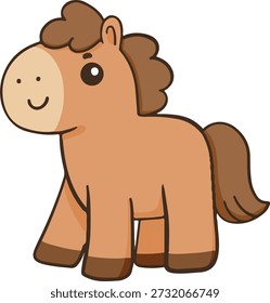 This adorable illustration features a cute, cartoon-style horse with a cheerful expression. The horse has a light brown coat, darker brown mane, and tail, with a simple, friendly design that would appeal to all ages. Perfect for various projects like children’s books, educational materials, merchandise, and more. The charming design embodies a playful and wholesome spirit.