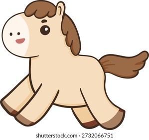 This adorable illustration features a cute, cartoon-style horse with a cheerful expression. The horse has a light brown coat, darker brown mane, and tail, with a simple, friendly design that would appeal to all ages. Perfect for various projects like children’s books, educational materials, merchandise, and more. The charming design embodies a playful and wholesome spirit.