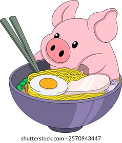 This adorable illustration features a pink pig mascot sitting inside a bowl of ramen with toppings like egg and meat, holding chopsticks