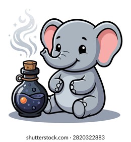 This adorable illustration showcases a cute baby elephant sitting next to a glass bottle filled with a magical bubbling purple liquid and a glowing orange sphere. The artistic character design features a whimsical style perfect for creative project designs.