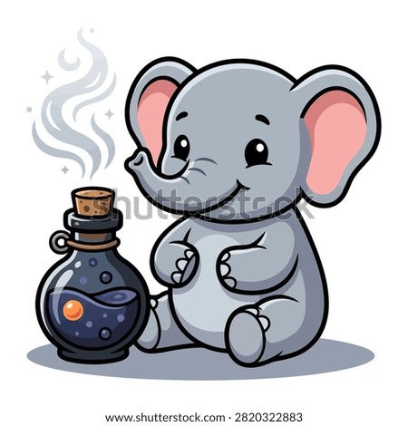 This adorable illustration showcases a cute baby elephant sitting next to a glass bottle filled with a magical bubbling purple liquid and a glowing orange sphere. The artistic character design features a whimsical style perfect for creative project designs.