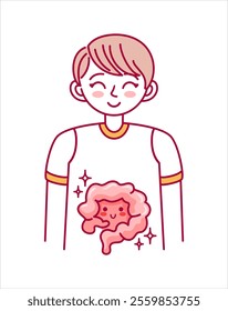 This adorable kawaii-style vector illustration features a baby boy with healthy intestines, highlighting the digestive system. Perfect for children s educational materials and health awareness.