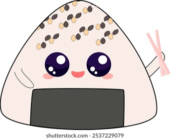 This adorable onigiri illustration presents a charming, chibi-style rice ball character with a smiling face, ideal as a mascot logo or design element. High-resolution and fully editable