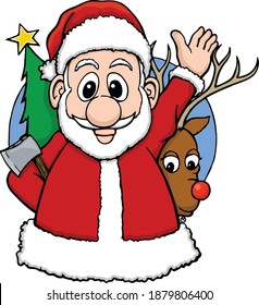 This adorable Santa greets everyone with a happy hand wave.  This design features an adorable Santa Claus waving his hand with a christmas tree and red nose reindeer.