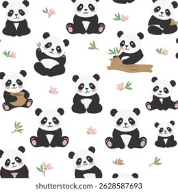 This adorable seamless pattern features cartoon panda bears in different poses, scattered among small flowers and leaves.