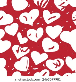 This adorable seamless vector pattern features white hearts scattered across a clean red background. Ideal for creating holiday cards, wrapping paper and textiles.