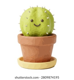 This adorable small green cactus features a happy smiling face and is nestled inside a rustic brown terra cotta ceramic pot with a matching saucer. The charming design offers a delightful aesthetic that is perfect for brightening up any desk or shelf space.