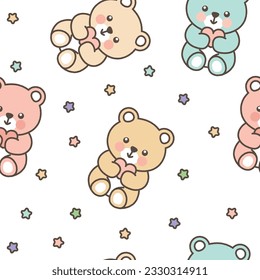 This adorable teddy bear holding a heart, paired with a design of star-shaped candies, is perfect for children's use.seamless patterns.