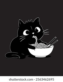 This adorable T-shirt features a playful black cat enjoying Ramen, perfect for cat lovers who also appreciate food humor. A fun and quirky design for casual wear!