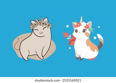 This adorable vector artwork features a cute cartoon cat unicorn adorned with a colorful wreath of flowers. Perfect for children's designs, stickers, and playful merchandise.