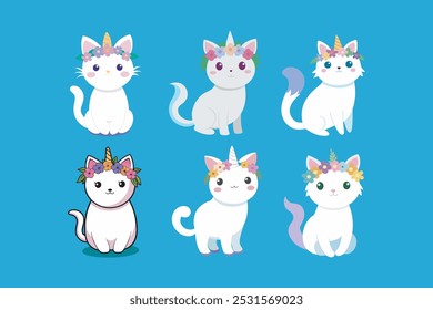 This adorable vector artwork features a cute cartoon cat unicorn adorned with a colorful wreath of flowers. Perfect for children's designs, stickers, and playful merchandise.