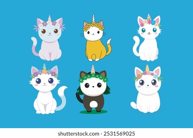 This adorable vector artwork features a cute cartoon cat unicorn adorned with a colorful wreath of flowers. Perfect for children's designs, stickers, and playful merchandise.