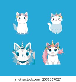 This adorable vector artwork features a cute cartoon cat unicorn adorned with a colorful wreath of flowers. Perfect for children's designs, stickers, and playful merchandise.