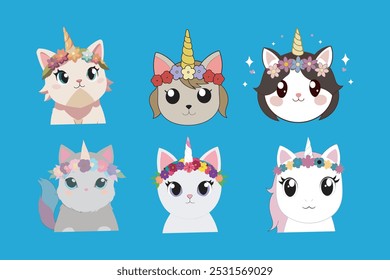 This adorable vector artwork features a cute cartoon cat unicorn adorned with a colorful wreath of flowers. Perfect for children's designs, stickers, and playful merchandise.