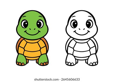 este EPS vetor adorável com uma tartaruga de desenho animado bonito, sorridente em ambas as versões de cor e contorno. Perfeito para livros infantis, materiais educativos e temas de animais divertidos.