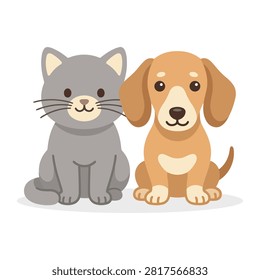 This adorable vector illustration depicts a cute grey kitten sitting peacefully beside a happy brown puppy dog on a plain white background. The clean cartoon design captures the sweet friendship between these two domestic pets with vibrant artistic style.