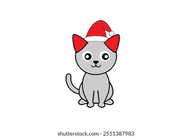 Esta adorável ilustração vetorial apresenta um gato bonito vestindo um chapéu de Papai Noel. Perfeito para projetos temáticos de férias, esta arte de linha limpa pode ser usada como uma silhueta, logotipo ou clipart